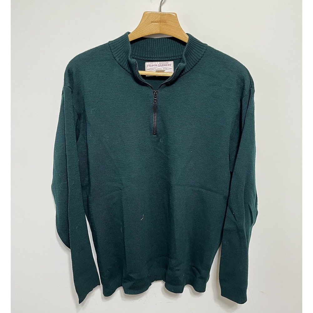Vintage CC FILSON 1/4 Zip Pullover Crewneck Sweater Green Virgin Wool Mens 2XL